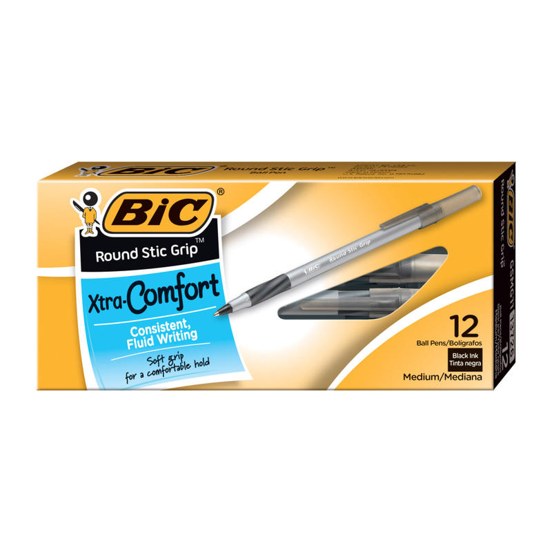BIC Round Stic Grip Xtra-Comfort Ballpoint Pens, Fine Point, 0.8 mm, Gray Barrel, Black Ink, Pack Of 12 MPN:GSFG11-BLK