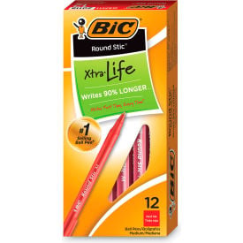 BIC® Round Stic Xtra Life Ballpoint Pen Stick Medium 1 mm Red Ink Dozen GSM11RD