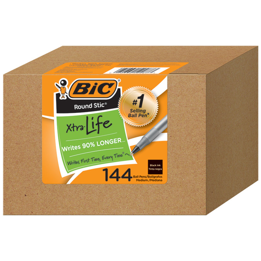 BIC Round Stic Ballpoint Pens, Medium Point, 1.0 mm, Translucent Barrels, Black Ink, Pack Of 144 Pens MPN:GSM144AZ-BLK