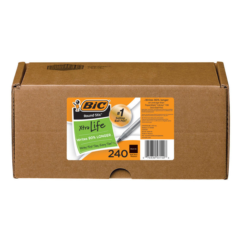 BIC Round Stic Xtra Life Ballpoint Pens, Medium Point, 1.0 mm, Translucent Barrel, Black Ink, Box Of 240 Pens MPN:GSM240-BLK
