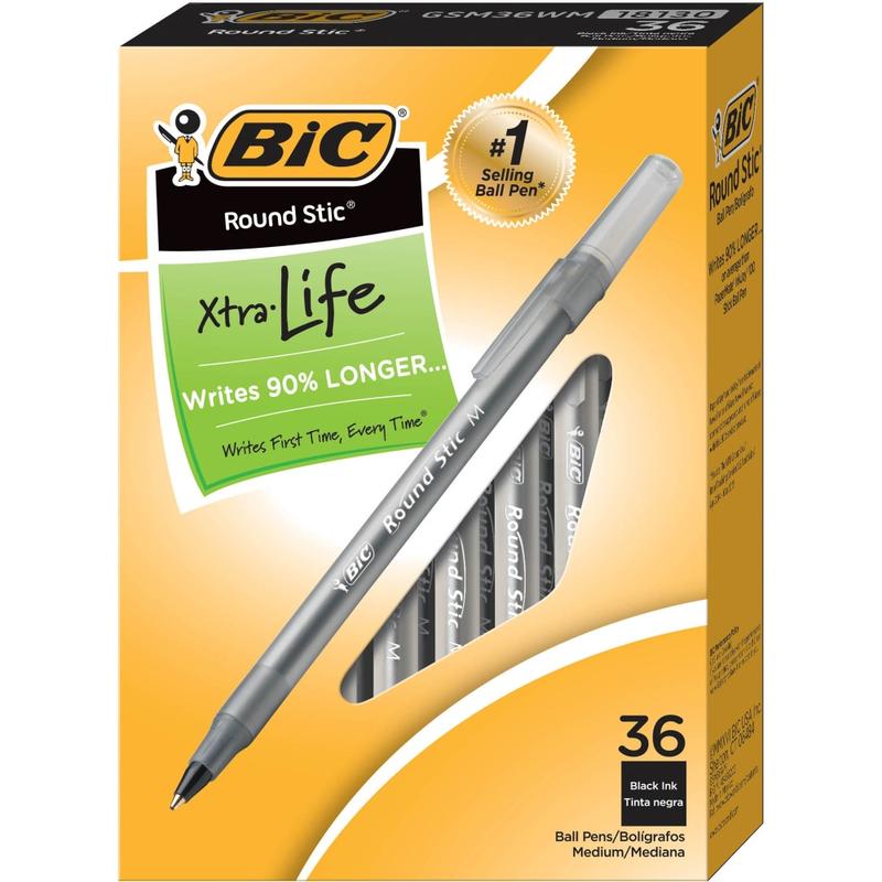 BIC Round Stic Xtra Life Ballpoint Pens, Medium Point, 1.0 mm, Translucent Barrel, Black Ink, Pack Of 36 Pens MPN:GSM36WM-BLK