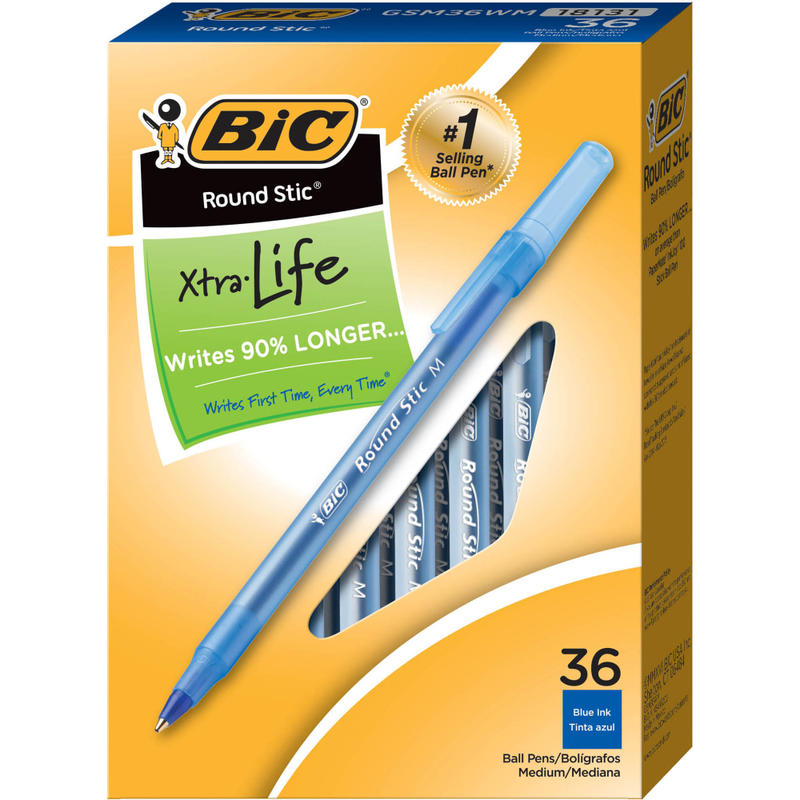 BIC Round Stic Xtra Life Ballpoint Pens, Medium Point, 1.0 mm, Translucent Barrel, Blue Ink, Pack Of 36 Pens MPN:GSM36WM-BLU