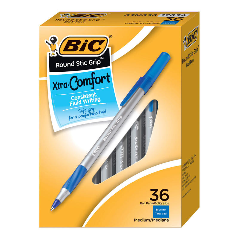 BIC Round Stic Grip Ballpoint Pens, Medium Point, 1.2 mm, Blue Ink, Pack Of 36 Pens MPN:GSMG361BE