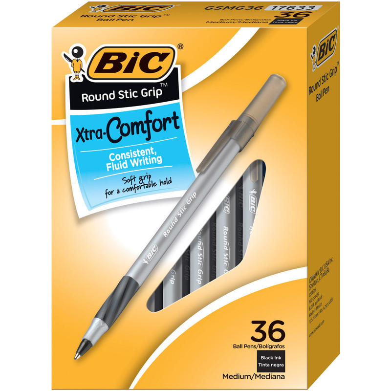 BIC Round Stic Grip Ballpoint Pens, Medium Point, 1.2 mm, Black Ink, Pack Of 36 Pens MPN:GSMG361BK