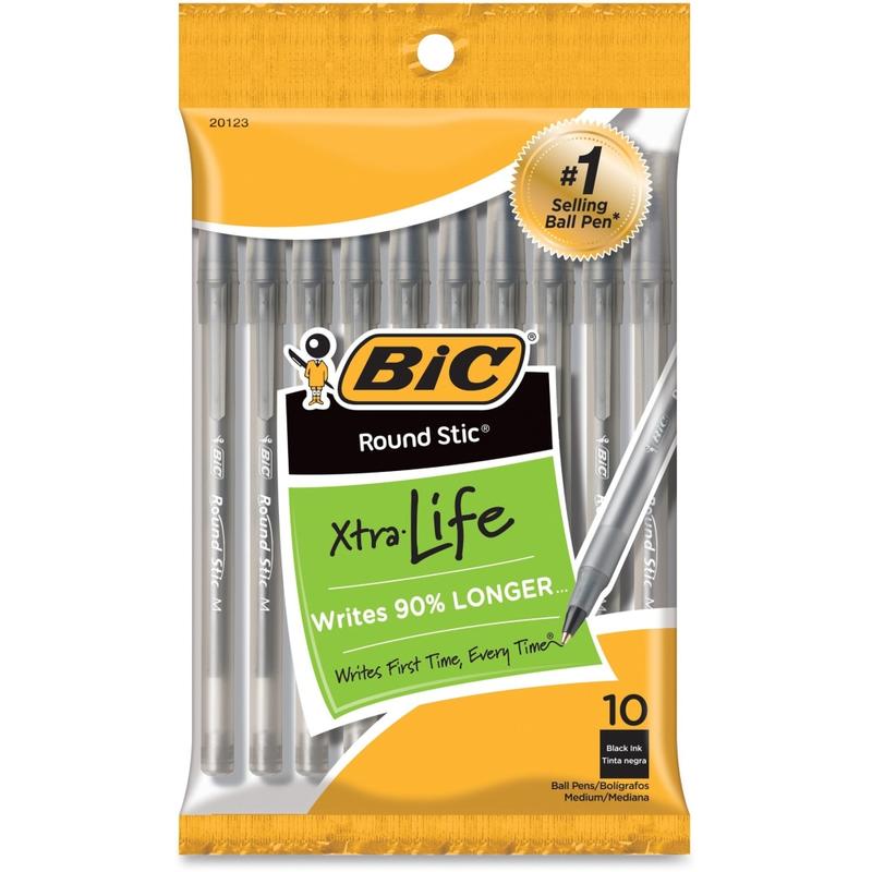 BIC Round Stic Xtra Life Ballpoint Pens, Medium Point, 1.0 mm, Translucent Black Barrels, Black Ink, Pack Of 10 Pens MPN:GSMP101BK