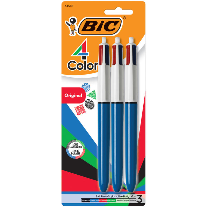 BIC 4 Color Retractable Ballpoint Pen, Medium Point, 1.0 mm, Blue Barrel, Assorted Ink Colors, Pack Of 3 MPN:MMP31