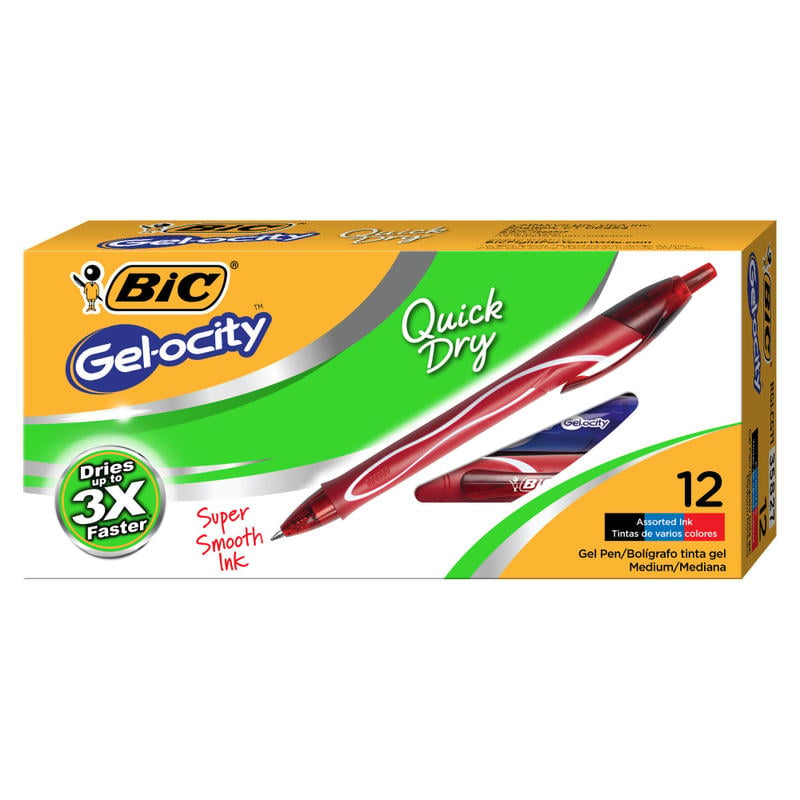 BIC Gelocity Quick Dry Retractable Gel Pens, Medium Point, 0.7 mm, Black/Blue/Red Barrels, Black/Blue/Red Inks, Pack Of 12 MPN:RGLCG11-AST
