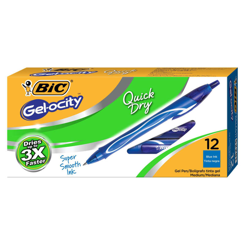 BIC Gelocity Quick Dry Retractable Gel Pens, Medium Point, 0.7 mm, Blue Barrel, Blue Ink, Pack Of 12 MPN:RGLCG11-BLU