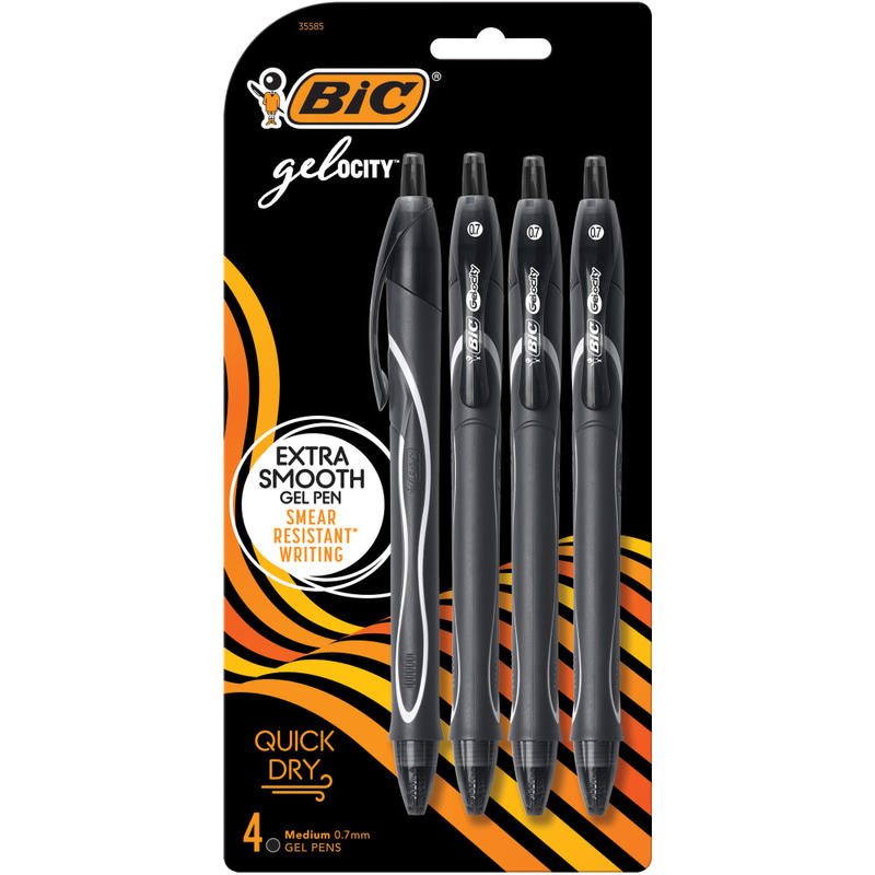 BIC Gelocity Quick-Dry Retractable Gel Pens, Medium Point, 0.7 mm, Black Barrel, Black Ink, Pack Of 4 Pens MPN:RGLCGP41-BLK