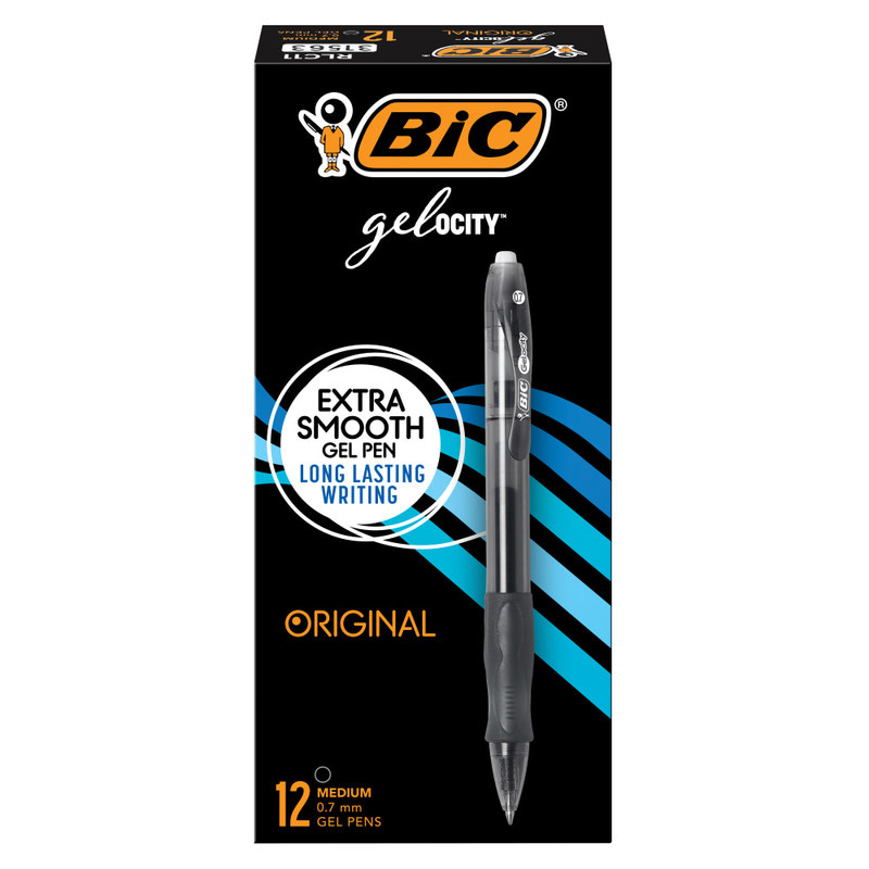 BIC Gelocity Original Long Lasting Retractable Gel Pens, Medium Point, 0.7 mm, Black Barrel, Black Ink, Pack Of 12 MPN:RLC11-BLK