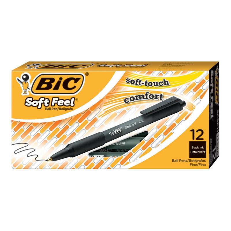 BIC Soft Feel Retractable Ballpoint Pens, Fine Point, 0.8 mm, Black Barrel, Black Ink, Box Of 12 Pens MPN:SCSF11-BLK