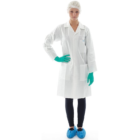 BioClean Lab Coat, Polyethylene, Snaps Closure, White, L, 30 PK MPN:BDLC