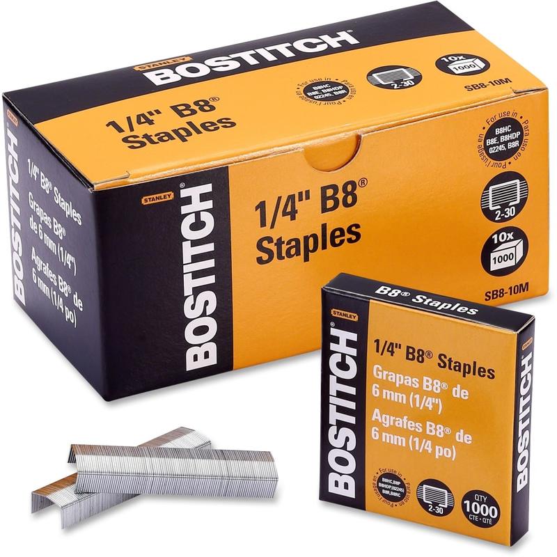 Bostitch PowerCrown Premium Staples, 210 Per Strip, 1/4in Leg, 1/2in Crown, Chisel Point, Silver, Pack of 10, 000 - SB810M MPN:SB8-10M