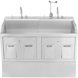 Blickman Double Station Pedestal Lodi Scrub Sink with Eyewash and Digital Timer Knee Action Control 1339882PED