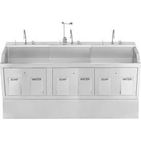 Blickman Triple Station Pedestal Lodi Scrub Sink with Eyewash and Digital Timer Knee Action Control 1339883PED