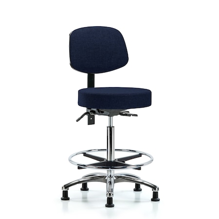 Rutledge Fab Stool with Back Chr-High Bench Height with Chr Foot RingandStat Glides in Navy Fab MPN:BR-FHBST-CR-T0-CF-RG-F45