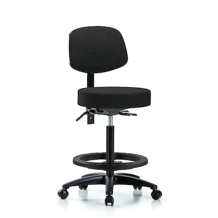 Rutledge Fabric Stool with Back - High Bench Height with Black Foot Ring and Casters in Black Fabric MPN:BR-FHBST-RG-T0-BF-RC-F42