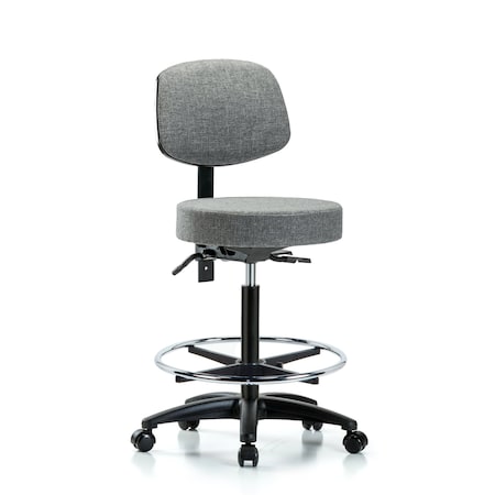Rutledge Fabric Stool with Back - High Bench Height with Chrome Foot Ring and Casters in Gray Fabric MPN:BR-FHBST-RG-T0-CF-RC-F44
