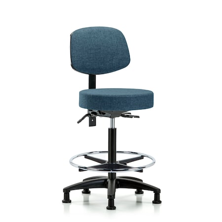 Fab Stool with Back-High Bench Height with Seat Tilt, Chr Foot Ring, and Stationary Glides in Blue Fab MPN:BR-FHBST-RG-T1-CF-RG-F43
