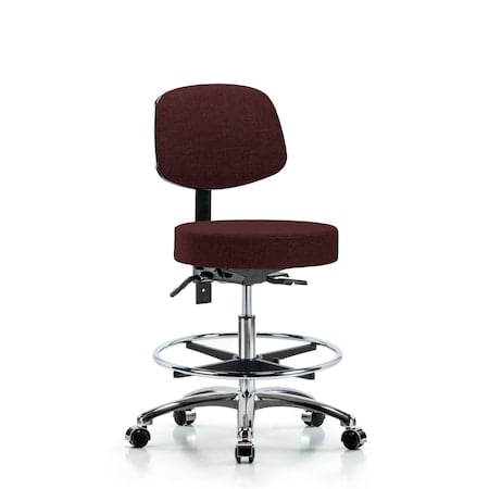 Rutledge Fab Stool with Back Chr-Medium Bench Height with Chr Foot RingandCasters in Burgundy Fab MPN:BR-FMBST-CR-T0-CF-CC-F41