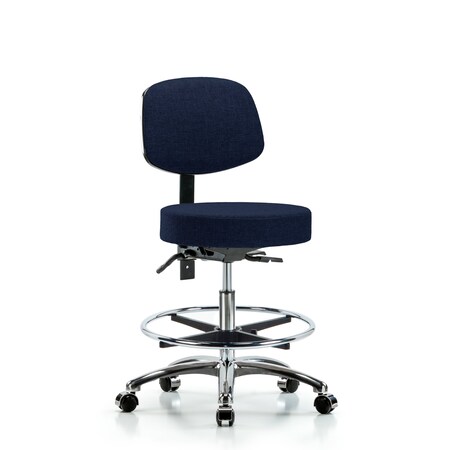 Rutledge Fab Stool with Back Chrome - Med Bench Height with Chrome Foot Ring and Casters in Navy Fab MPN:BR-FMBST-CR-T0-CF-CC-F45