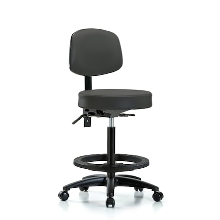 Vinyl Stool with Back-High Bench Height with Black Foot RingandCasters in Charcoal Trailblazer Vinyl MPN:BR-VHBST-RG-T0-BF-RC-8605