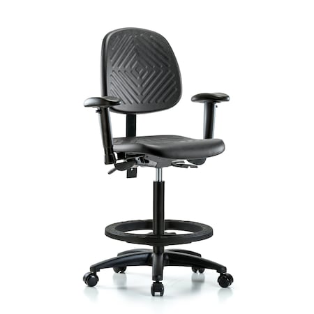Bench Chair, Hi, Poly, Med, Bk, AA BF Casters, 6-Way Adjustable, 24-1/2