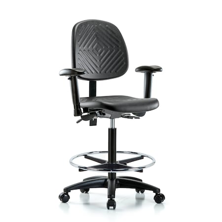 Bench Chair, Hi, Poly, Med, Bk, AA CF Casters, 6-Way Adjustable, 24-1/2