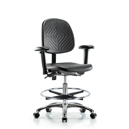 Bench Chair, Poly, Med, Bk, CF Cast, 6-Way Adjustable, 19-1/2