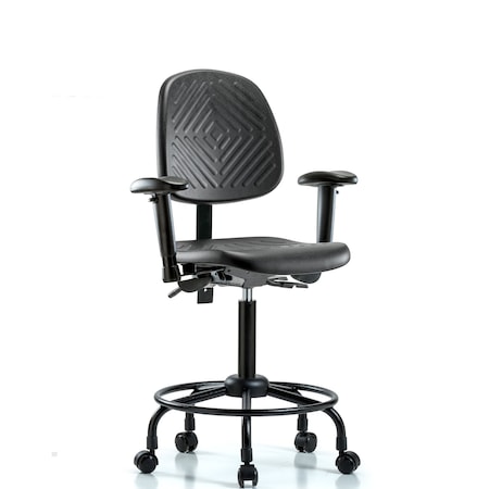 Bench Chair, Poly, Med, Bk, RT, Cast, 6-Way Adjustable, 21-1/2