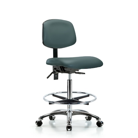 Chair, Vinyl, Hi Bench, Chr CF Casters, Blu, No Arms, 26