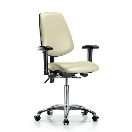 Bench Chair, Vinyl, Med, Bk, Cast, Wht, 6-Way Adjustable, 22