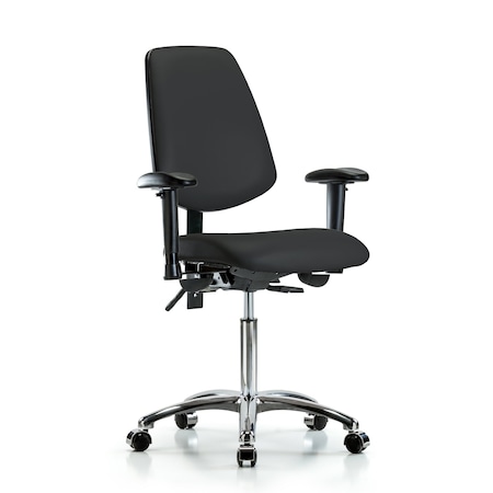 Bench Chair, Vinyl, Med, Bk, Cast, Blk, 6-Way Adjustable, 22
