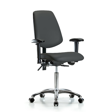 Bench Chair, Vinyl, Med, Bk, Cast, Gry, 6-Way Adjustable, 22