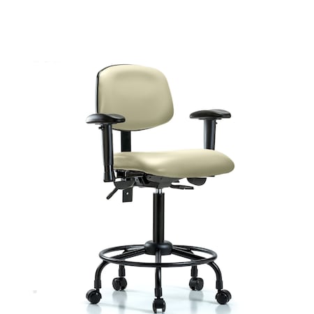 Bench Chair, Vinyl, RT, AA, Casters, Wht, 6-Way Adjustable, 23