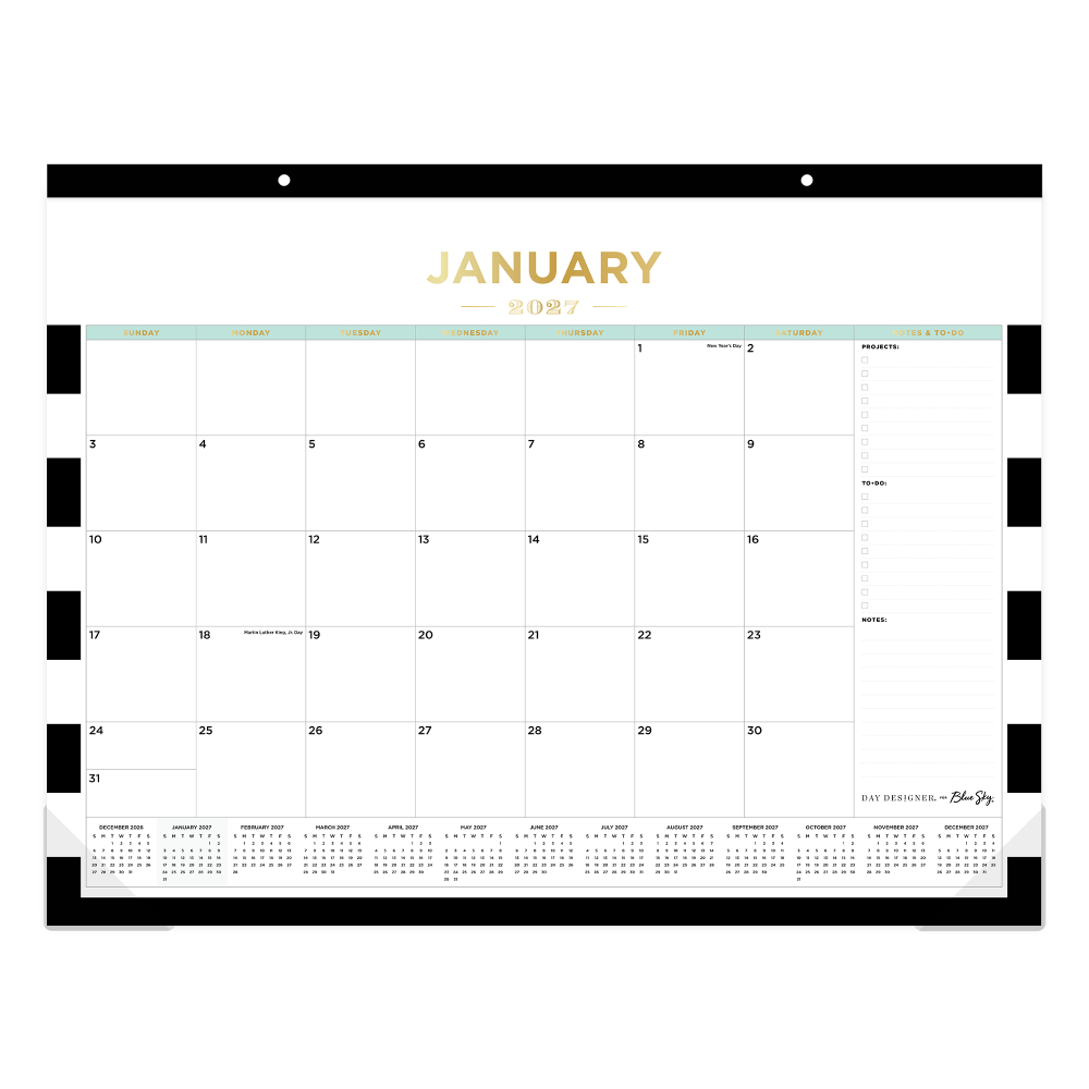 2027 Blue Sky Rugby Stripe Black Monthly Desk Pad Planning Calendar, 22x17, 0%, Rugby Stripe Black, Jan-Dec, RY27 MPN:143895-27
