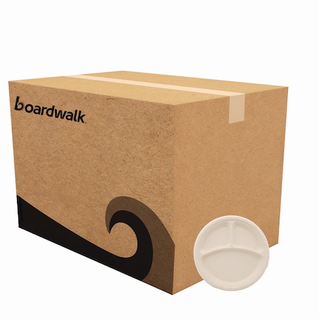Bagasse PFAS-Free Dinnerware, Plate, 10 in. dia, 3-Compartment, White, 500PK MPN:PL-11BW-NPFA