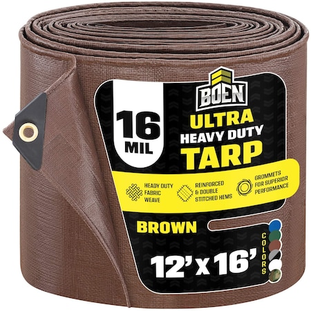 Ultra Heavy Duty Tarp, 12 ft x 16 ft, 16 Mil, Brown, Polyethylene MPN:BR16T-1216