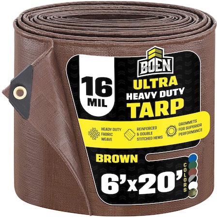 Ultra Heavy Duty Tarp, 6 ft x 20 ft, 16 Mil, Brown, Polyethylene MPN:BR16T-620