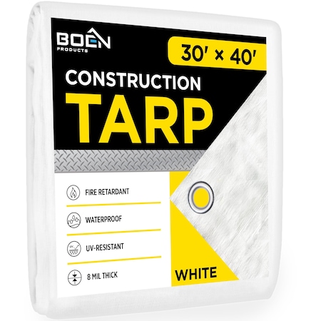 Construction FR Tarp, 30 ft x 40 ft, 8 Mil, White, Polyethylene MPN:CT-3040