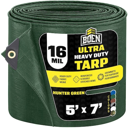 Ultra Heavy Duty Tarp, 5 ft x 7 ft, 16 Mil, Green, Polyethylene MPN:HGT-57