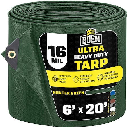 Ultra Heavy Duty Tarp, 6 ft x 20 ft, 16 Mil, Green, Polyethylene MPN:HGT-620