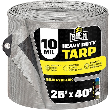 Heavy Duty Tarp, 25 ft x 40 ft, 10 Mil, Silver/Black, Polyethylene MPN:ST-2540