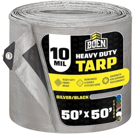 Heavy Duty Tarp, 50 ft x 50 ft, 10 Mil, Silver/Black, Polyethylene MPN:ST-5050