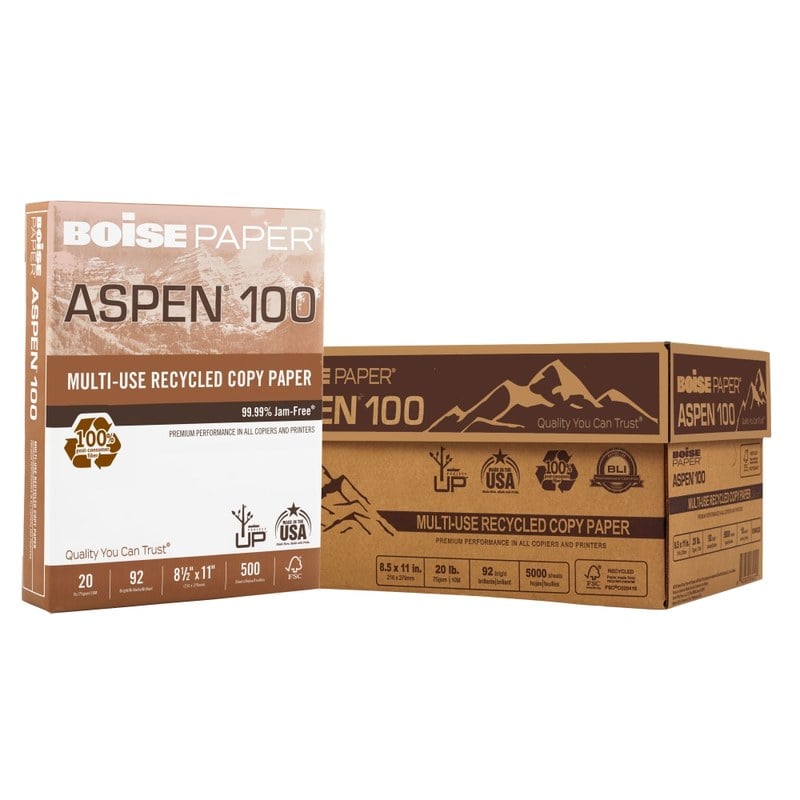 Boise ASPEN 100 Multi-Use Printer & Copier Paper, Letter Size (8 1/2in x 11in), 5000 Total Sheets, 92 (U.S.) Brightness, 20 Lb, 100% Recycled, FSC Certified, White, 500 Sheets Per Ream, Case Of 10 Reams MPN:054922-CTN