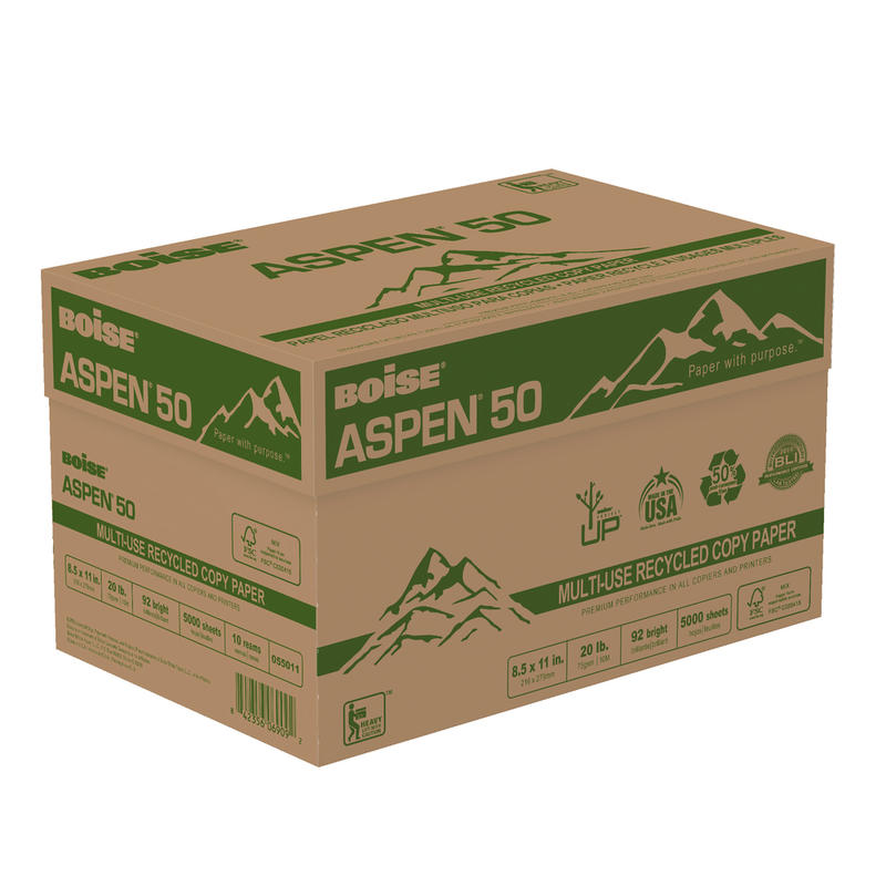 Boise ASPEN 50 Multi-Use Printer & Copier Paper, Letter Size (8 1/2in x 11in), 5000 Total Sheets, 92 (U.S.) Brightness, 20 Lb, 50% Recycled, FSC Certified, White, 500 Sheets Per Ream, Case Of 10 Reams MPN:055011-CTN