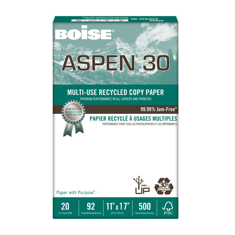Boise ASPEN 30 Multi-Use Printer & Copy Paper, White, Ledger (11in x 17in), 500 Sheets Per Ream, 20 Lb, 92 Brightness, 30% Recycled, FSC Certified (Min Order Qty 5) MPN:054907