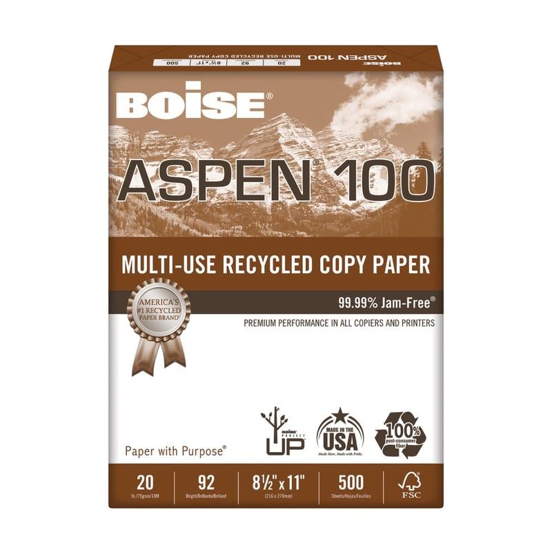 Boise ASPEN 100 Multi-Use Printer & Copy Paper, White, Letter (8.5in x 11in), 500 Sheets Per Ream, 20 Lb, 92 Brightness, 100% Recycled, FSC Certified (Min Order Qty 8) MPN:054922