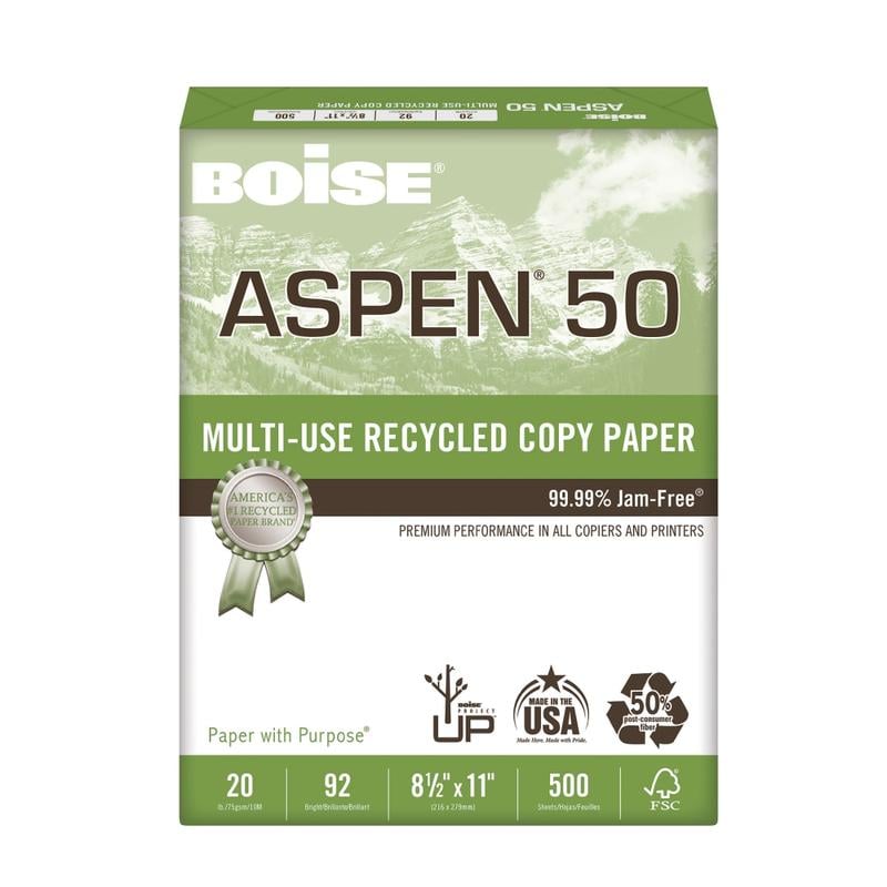 Boise ASPEN 50 Multi-Use Printer & Copier Paper, Letter Size (8 1/2in x 11in), Ream Of 500 Sheets, 92 (U.S.) Brightness, 20 Lb, 50% Recycled, FSC Certified, White (Min Order Qty 9) MPN:055011