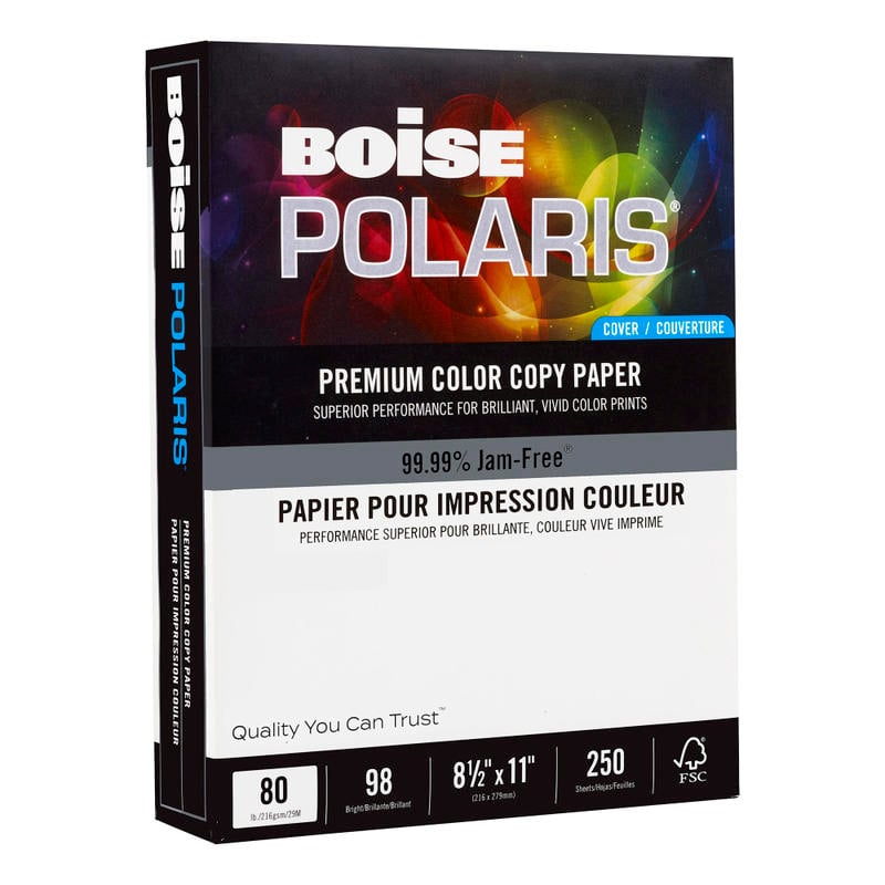 Boise POLARIS Color Copy Paper, White, Letter (8.5in x 11in), 250 Sheets Per Pack, 80 Lb, 98 Brightness, FSC Certified (Min Order Qty 4) MPN:BCC-8011
